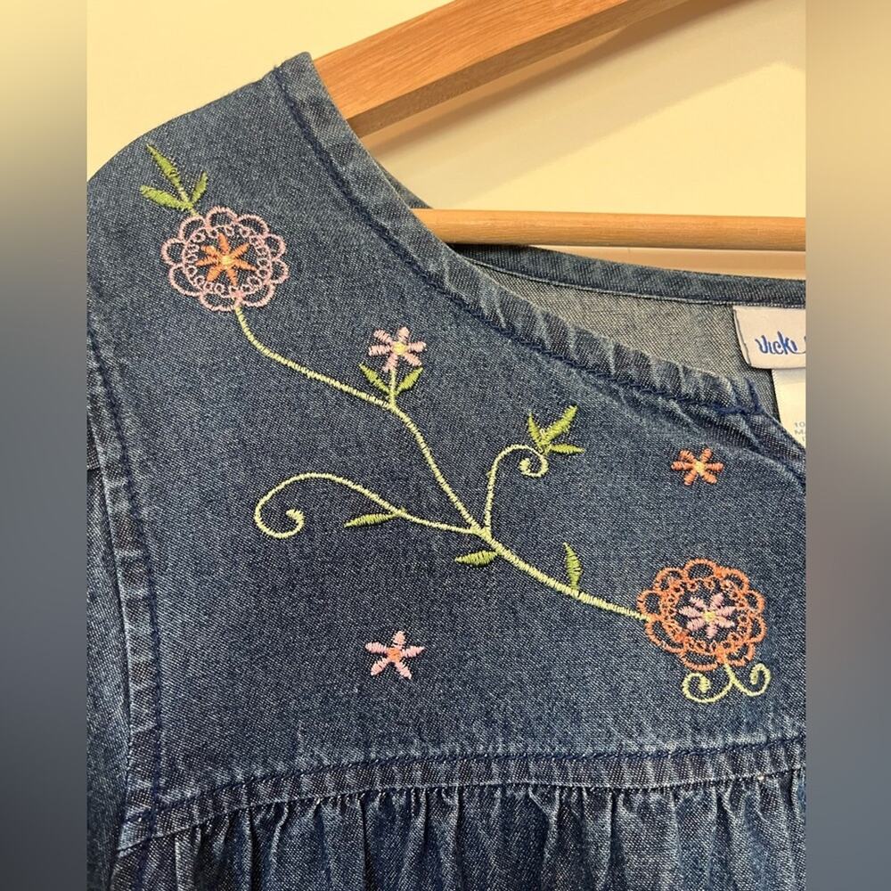 Vtg Vicki Wayne embroidered denim cottagecore peasant prairie midi dress Sz L - Picture 3 of 9